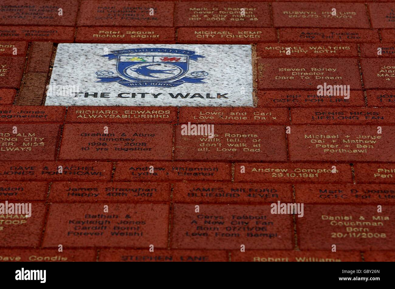 Soccer - Pre Season Friendly - Cardiff City v Celtic - Cardiff City Stadium. General view of the City Walk brick work Stock Photo