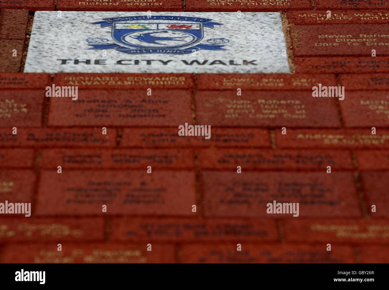 Soccer - Pre Season Friendly - Cardiff City v Celtic - Cardiff City Stadium. General view of the City Walk brick work Stock Photo