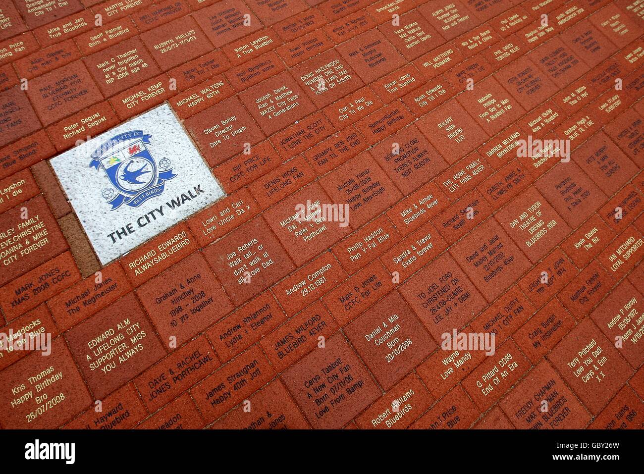 Soccer - Pre Season Friendly - Cardiff City v Celtic - Cardiff City Stadium. General view of the City Walk brick work Stock Photo