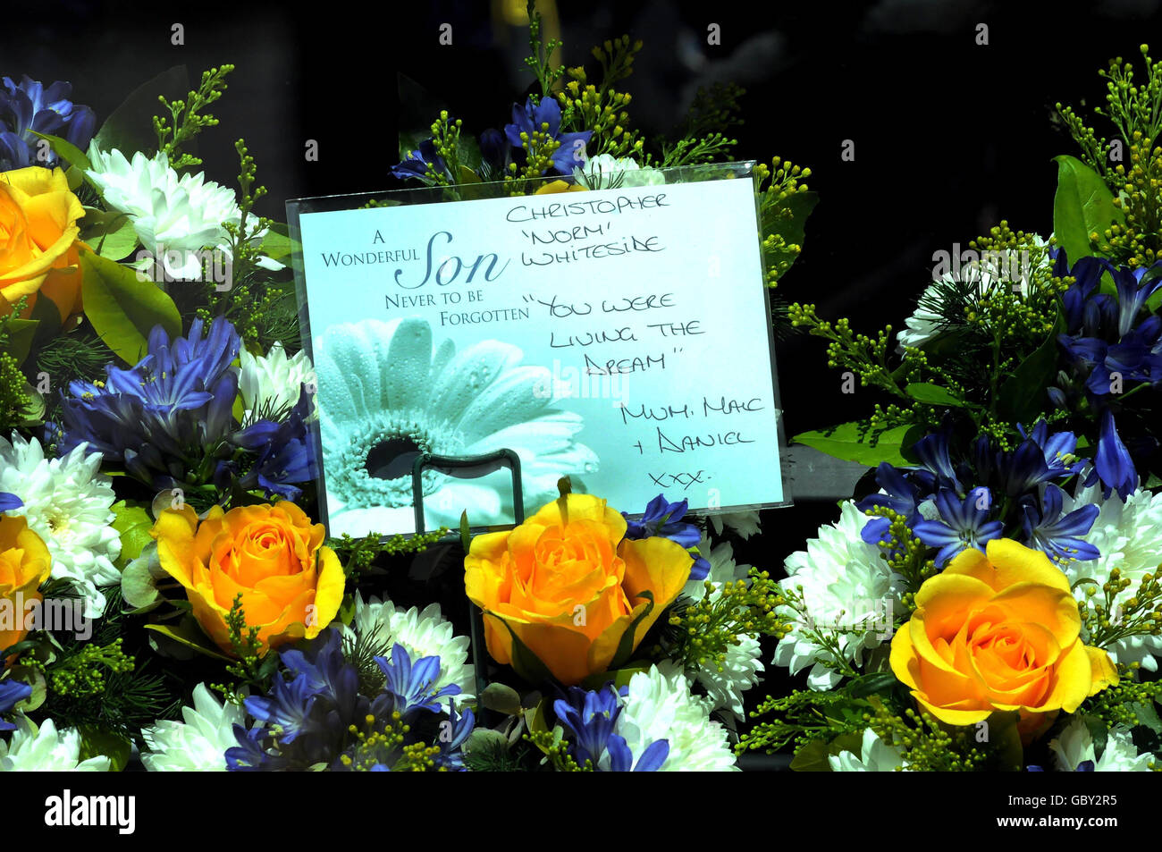 A message on flowers at the funeral of Trooper Christopher Whiteside