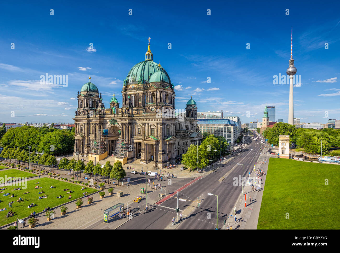Aerial view of Berlin Cathedral with famous TV tower in the background on a sunny day with blue sky and clouds, Berlin, Germany Stock Photo