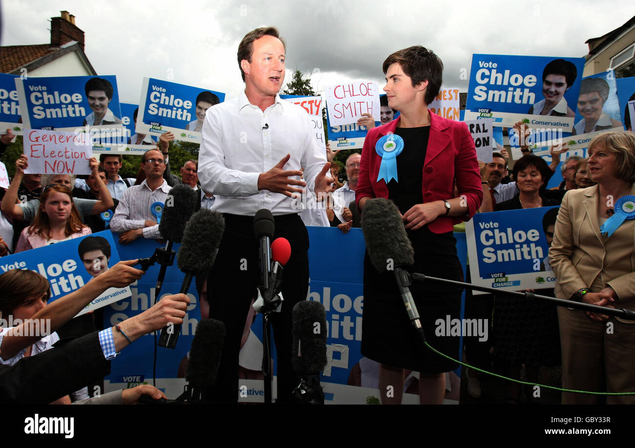 Conservative Party Leader David Cameron and new Conservative MP Chloe Smith (right) after her win in the Norwich North By-Election, Norwich. The Tory leader hailed his party's win in Norwich North as 'historic' as he travelled to Norwich to meet new Conservative MP and Tory supporters following the vote. Stock Photo