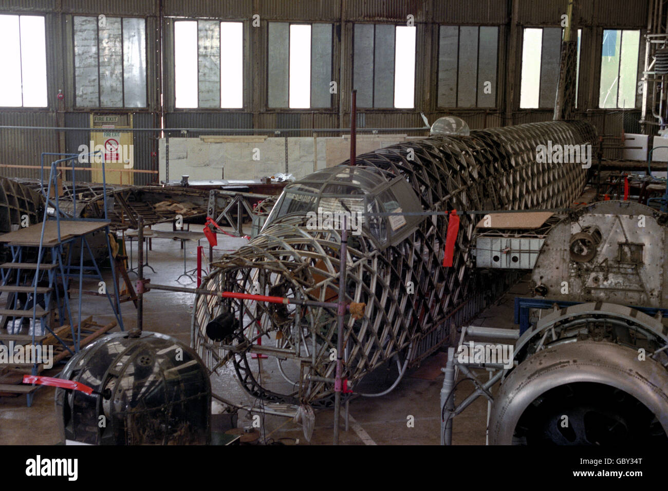 A partially restored Wellington bomber 'R' Robert, salvaged from Loch Ness in 1985 and now being reassembled at Brooklands Museum. Stock Photo