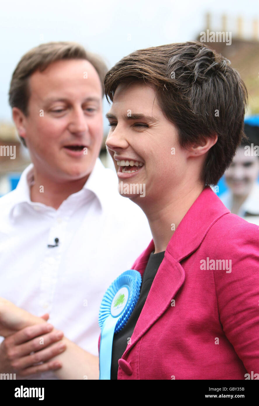 Conservative Party Leader David Cameron and new Conservative MP Chloe Smith (right) after her win in the Norwich North By-Election, Norwich. The Tory leader hailed his party's win in Norwich North as 'historic' as he travelled to Norwich to meet new Conservative MP and Tory supporters following the vote. Stock Photo