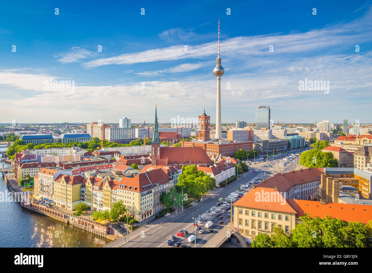Aerial view of Berlin skyline with famous TV tower and Spree river in beautiful evening light at sunset, Germany Stock Photo