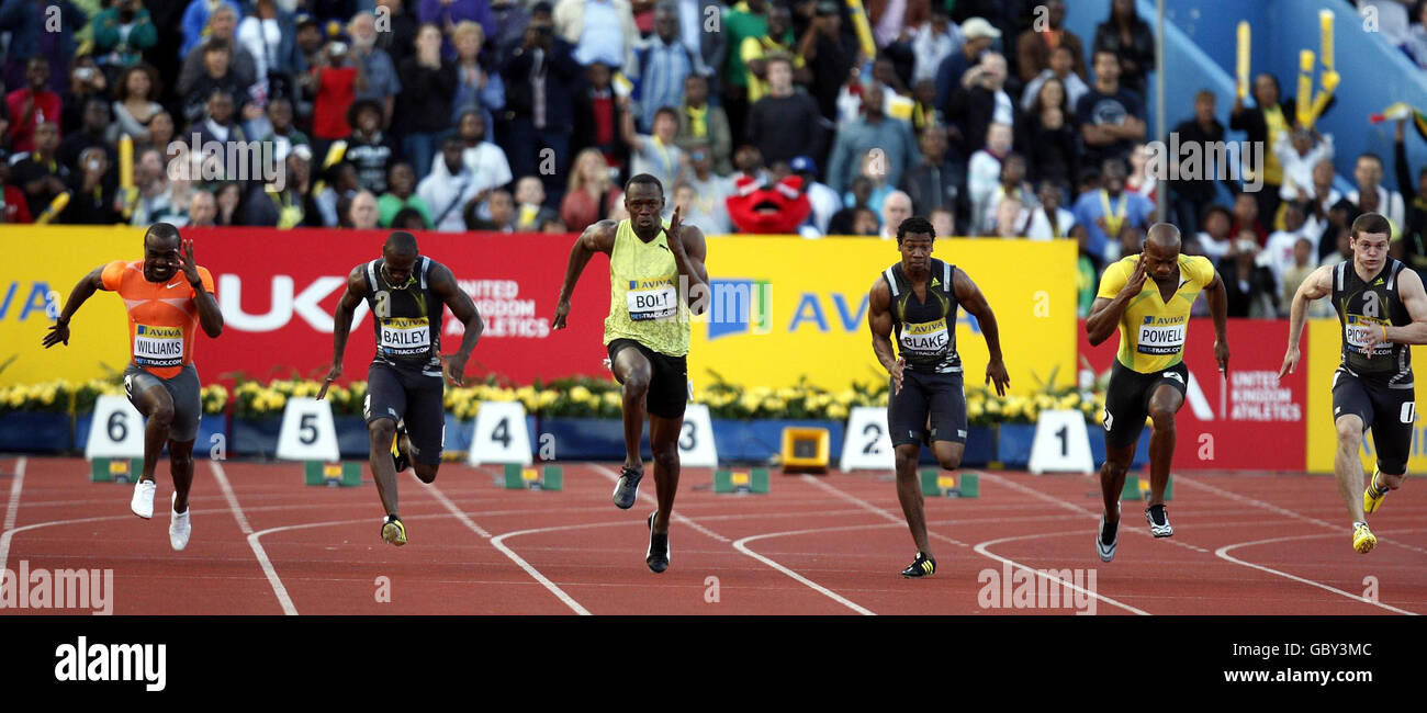 Jamaica's Usain Bolt (third left) powers away from the field on his way to winning the 100m final during the Aviva London Grand Prix at Crystal Palace National Sports Centre, London. Stock Photo