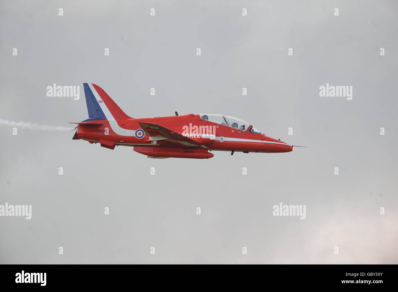 The Red Arrows, the Royal Air Force Acrobatic Team, bases at RAF Scampton flying BAe Hawk aircraft at the Royal International Air Tattoo at RAF Fairford, Gloucestershire. Stock Photo
