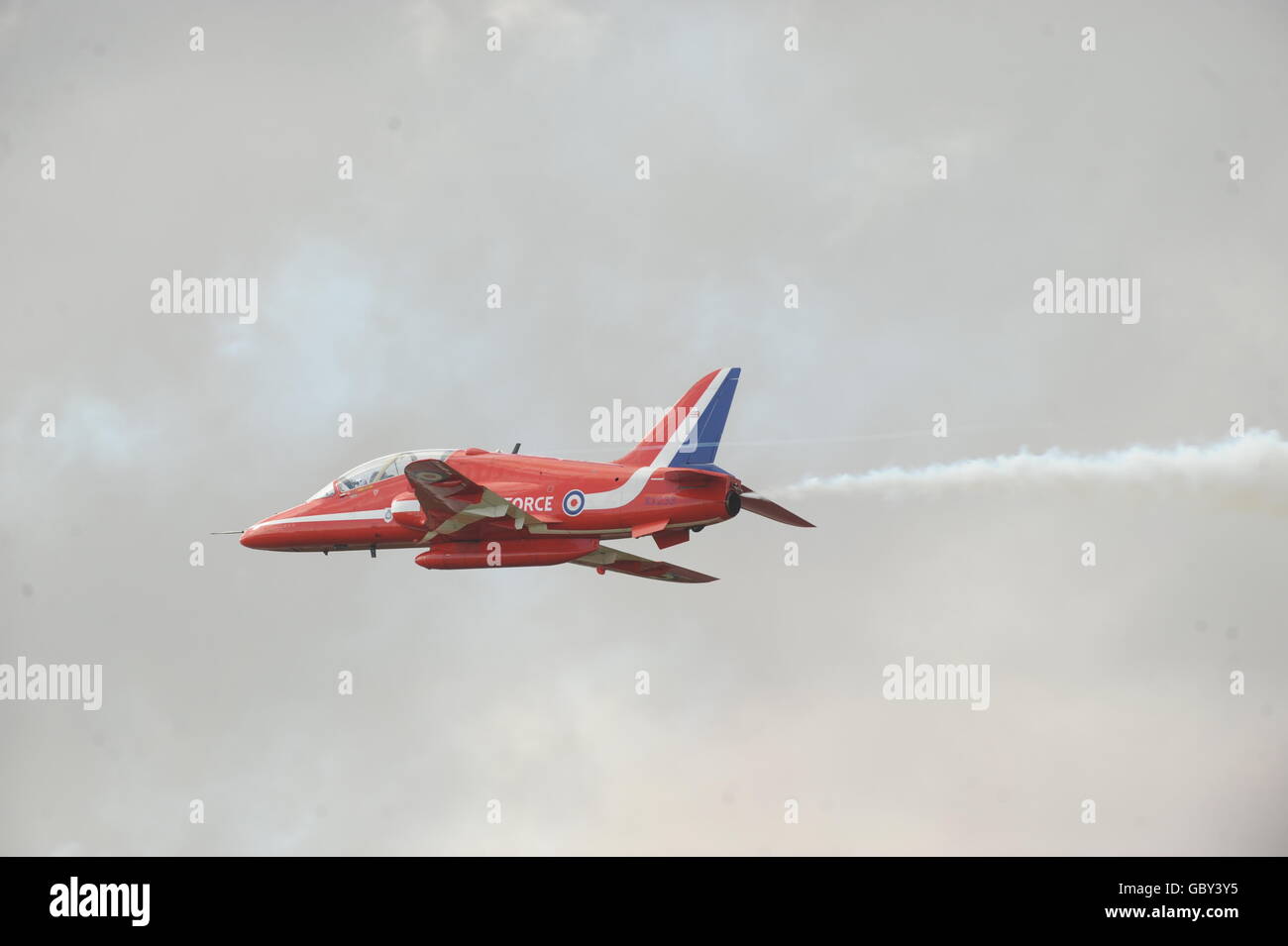 The Red Arrows, the Royal Air Force Acrobatic Team, bases at RAF Scampton flying BAe Hawk aircraft at the Royal International Air Tattoo at RAF Fairford, Gloucestershire. Stock Photo