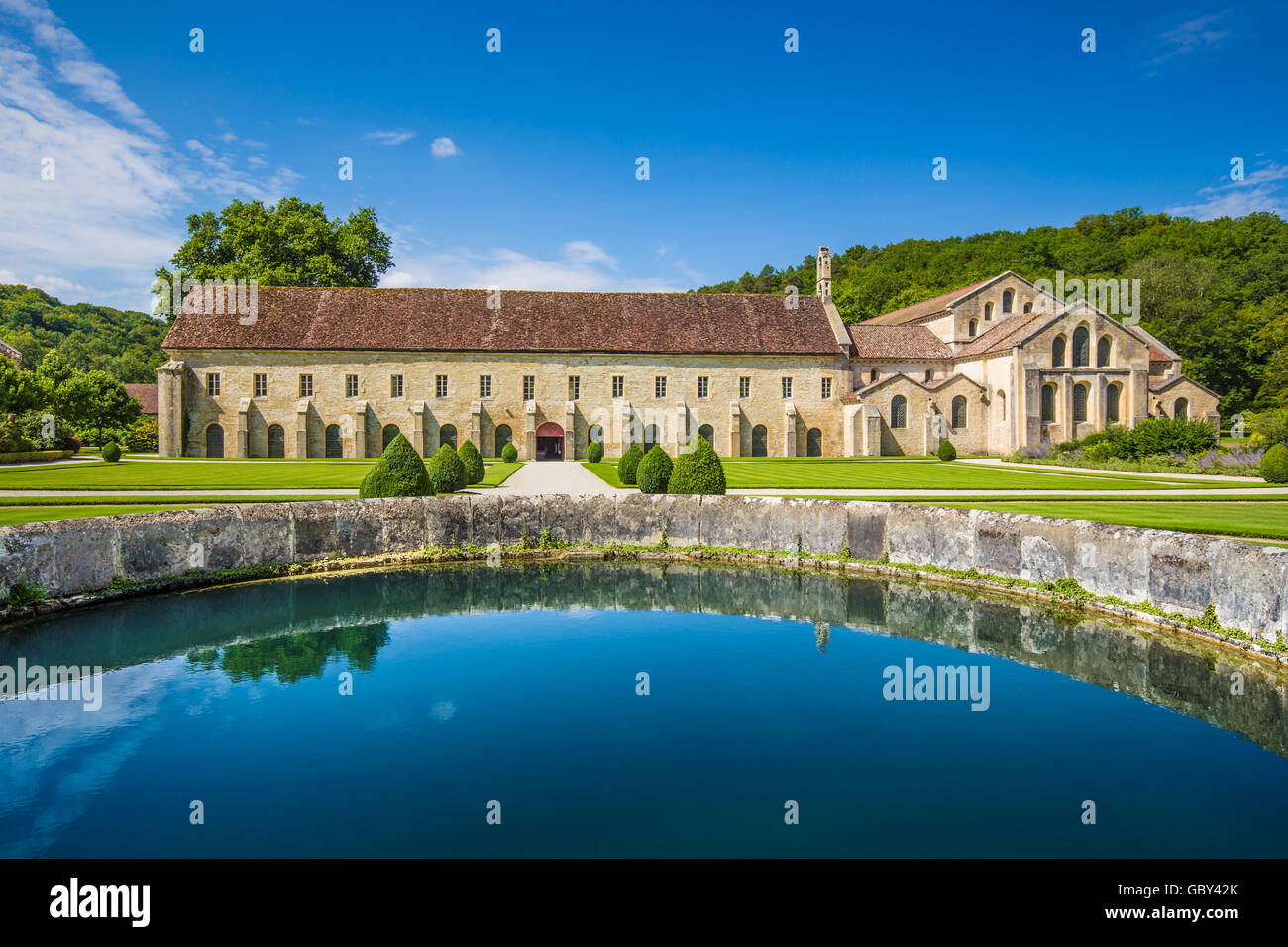 Cistercian Abbey of Fontenay, a UNESCO World Heritage Site since 1981, in the commune of Marmagne, Burgundy, France Stock Photo