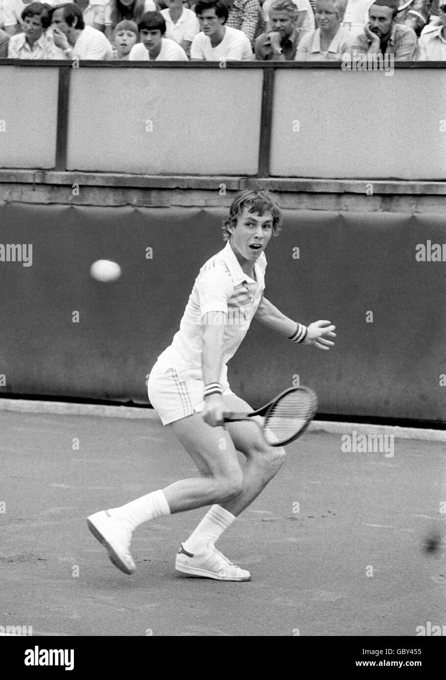 Czech tennis legend Ivan Lendl plays against Per Hjertquist during the ...