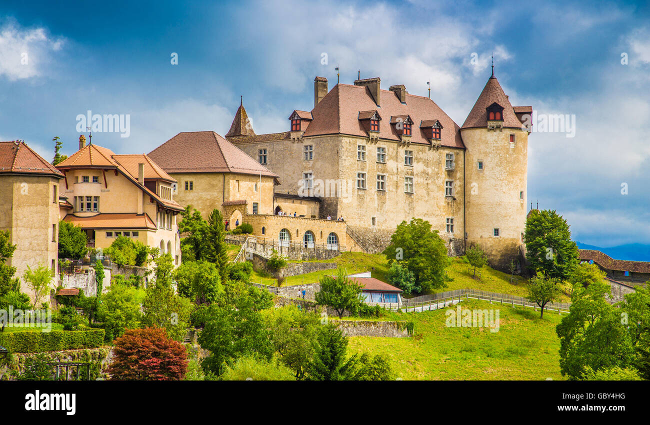 Classic view of the medieval town of Gruyeres, home to the world-famous Le Gruyere cheese, canton of Fribourg, Switzerland Stock Photo