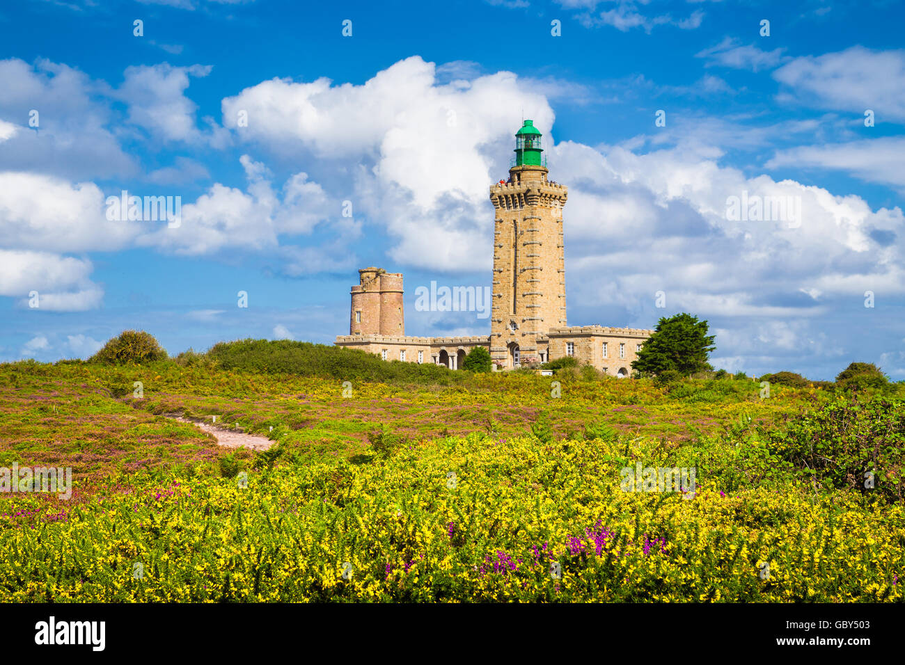Famous Phare du Cap Frehel lighthouse at Cap Frehel peninsula along the Emerald Coast, Bretagne, northern France Stock Photo