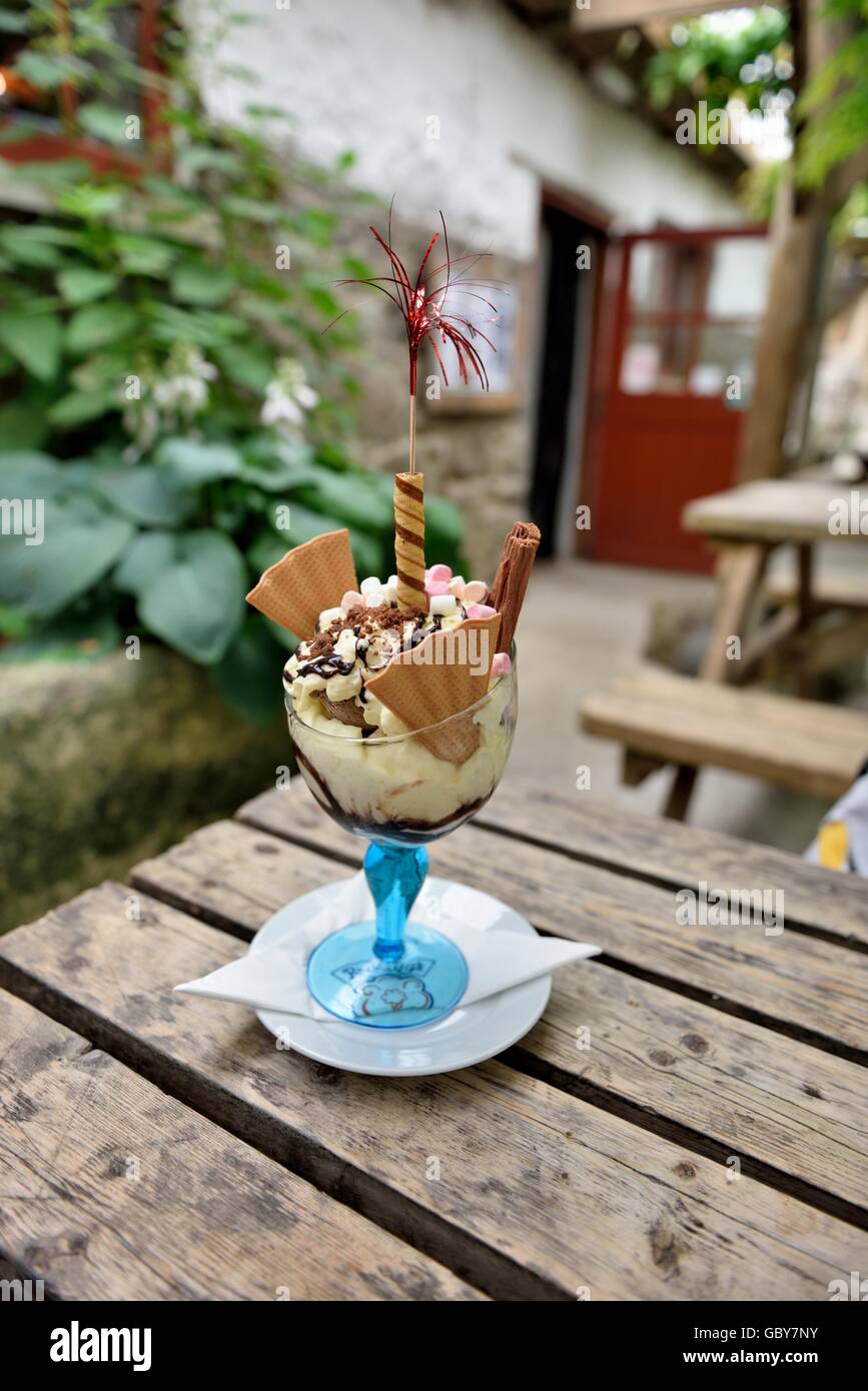 A Chocolate ice cream sundae courtesy of Roskilly's  Tregellast Barton Farm, St Keverne, Helston TR12 6NX Cornwall England UK Stock Photo