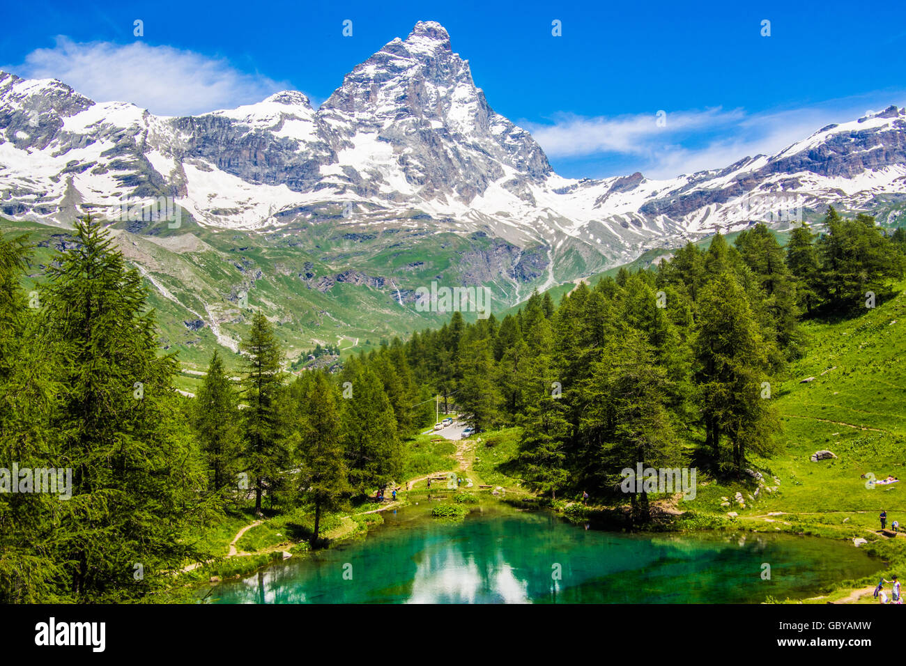 Lago Blu (Blue Lake) and the Cervino Mountain (aka Matterhorn in Switzerland), Aosta Valley, Italy. Stock Photo