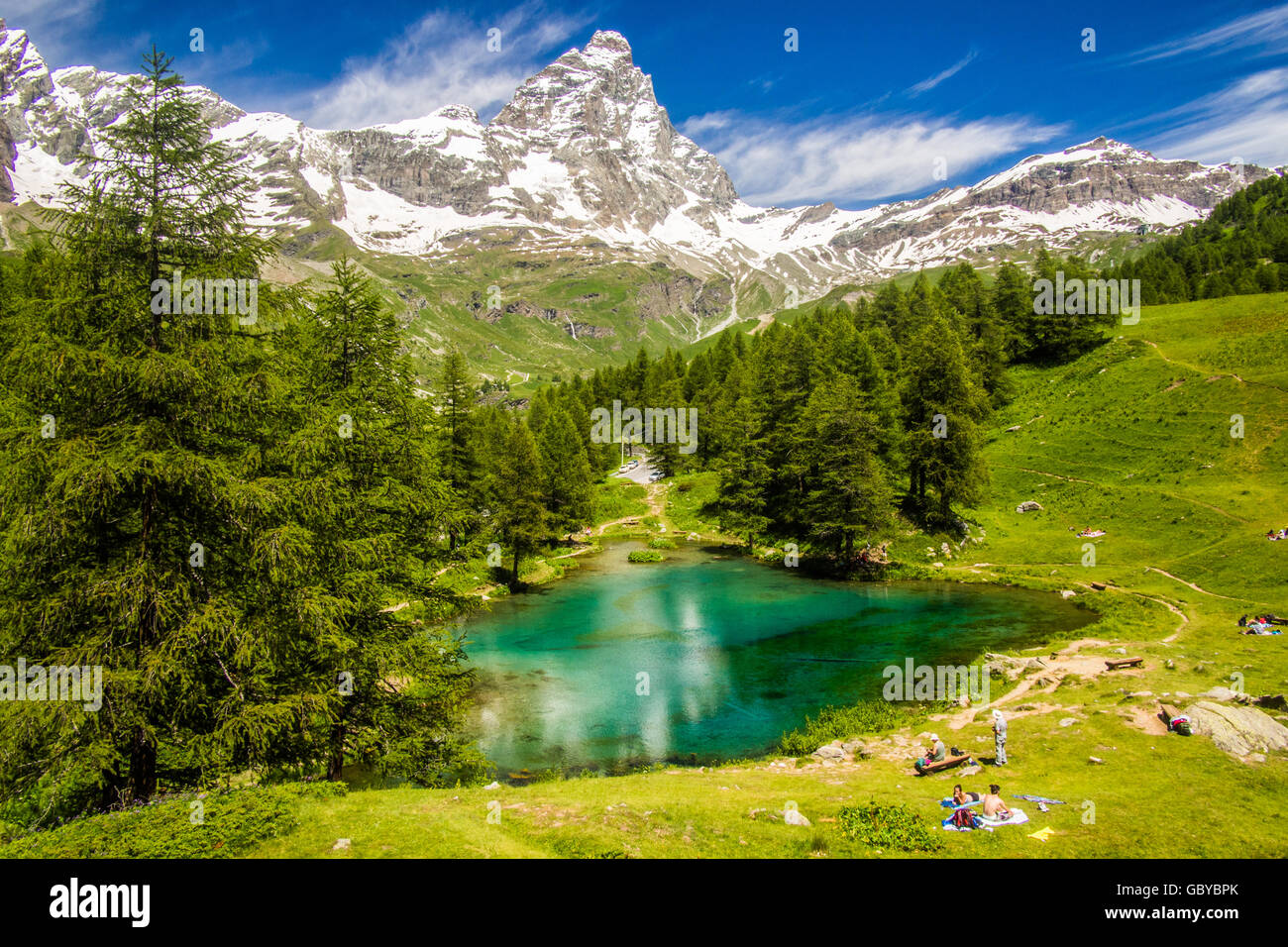 Lago Blu (Blue Lake) and the Cervino Mountain (aka Matterhorn in Switzerland), Aosta Valley, Italy. Stock Photo