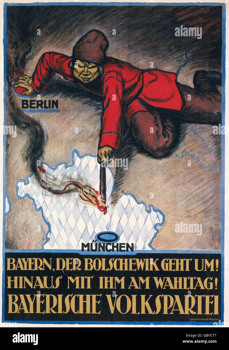 geography / travel, Germany, politics, elections, election poster 'Bayern, der Bolschewik geht um!' (Bavaria, the Bolshevik is haunting), Bavarian Folk party, 1919, Additional-Rights-Clearences-Not Available Stock Photo