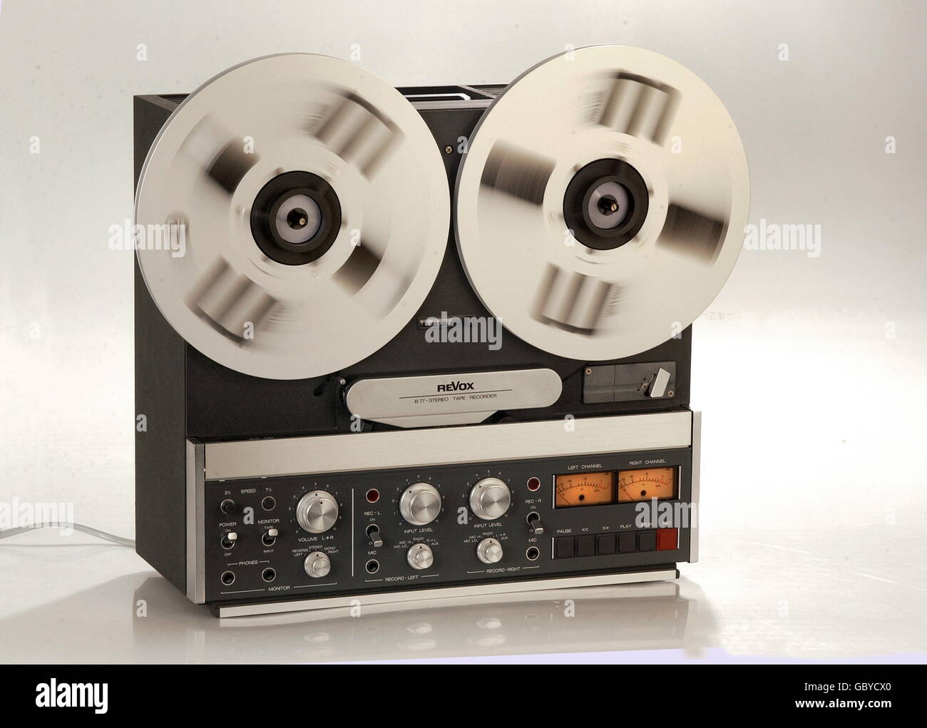 technics, tape recorders, stereo tape recording machine Revox B77, made by Studer Revox, 1978, 1970s, 70s, 20th century, historic, historical, studio shot, motion blur, rotating tape reel, rejection instruments, display, weight: circa 17kg, audio tape, Additional-Rights-Clearences-Not Available Stock Photo
