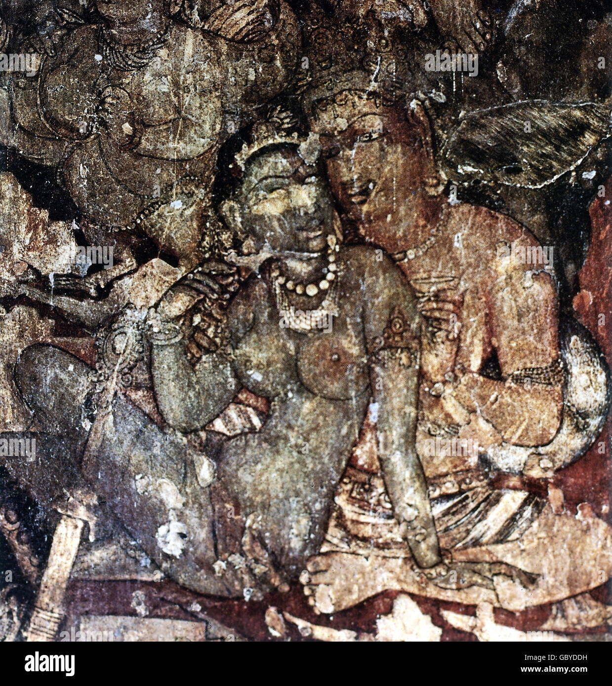 people, couples, royal lovers in a harem, fresco, Ajanta Caves, cave No. 17, Gupta period, Deccan, India, 5th / 6th century, Stock Photo