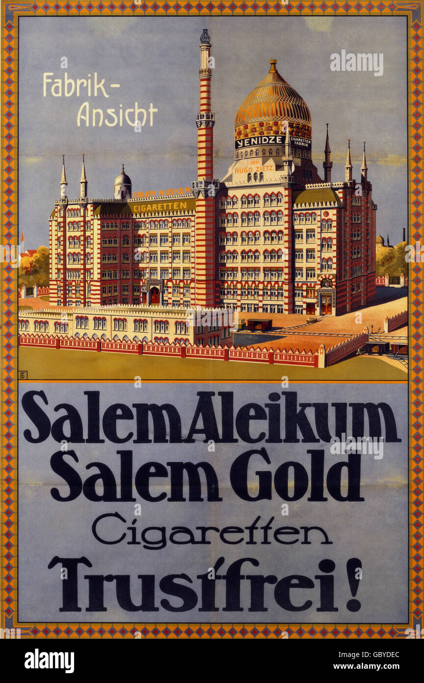 advertising, tobacco, cigarettes, advertisement 'Salem Aleikum - Salem Gold - Cigaretten -Trustfrei!', lithograph, Germany, circa 1912, 90 x 61 cm, private collection, Additional-Rights-Clearences-Not Available Stock Photo