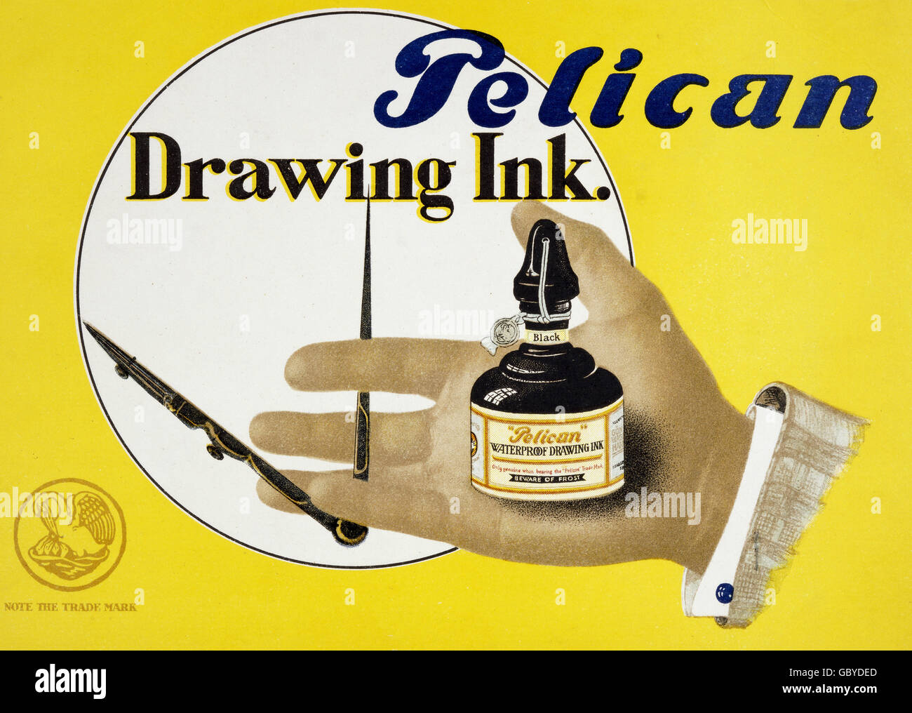 advertising, stationery, Pelican Drawing Ink, poster, lithograph by El Lissitzky (1890 - 1941), 16x22.7 cm, Pelikan, inkpot, pot, compass, 20th century, historic, historical, people, 1940s, Additional-Rights-Clearences-Not Available Stock Photo