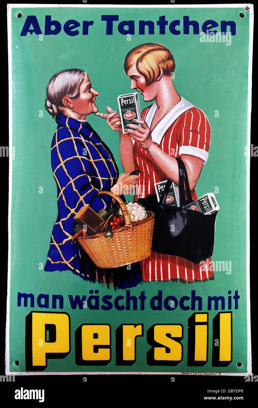 advertising, household, washing powder, Persil, 'Aber Tantchen man waescht doch mit Persil', Duesseldorf, Germany, porcelain enamel sign, circa 1927, Additional-Rights-Clearences-Not Available Stock Photo