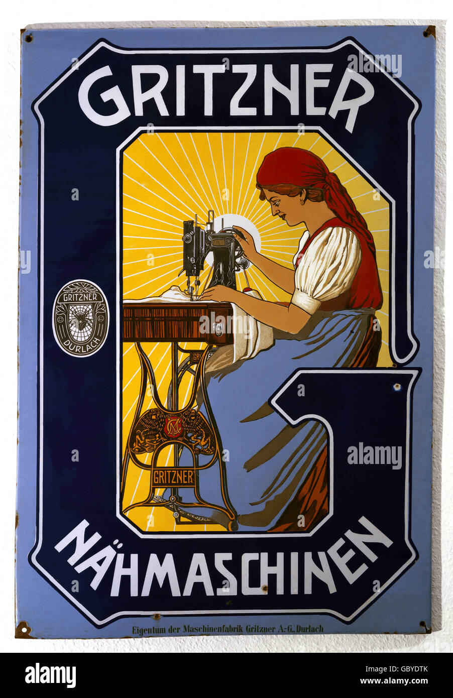 advertising, domestic appliances / housewares, Gritzner sewing machines, enamel plate, early 20th century, 89 x 60.5 cm, machine, historic, historical, household, people, 1900s, 1910s, woman, women, female, Additional-Rights-Clearences-Not Available Stock Photo