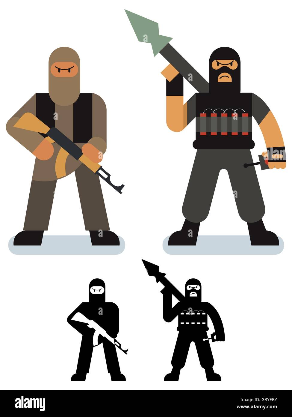 Set of 2 terrorist illustrations in 2 versions. Stock Vector