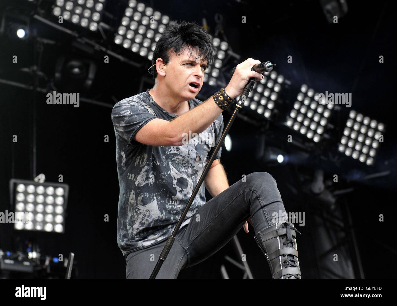 Lovebox Weekender - London. Gary Numan performs on the main stage during the Lovebox Weekender, at Victoria Park in east London. Stock Photo