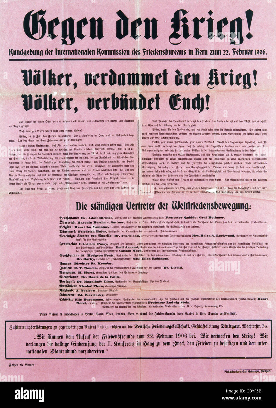 posters, 'Against War!', proclamation of World Peace Movement, information of a rally of the International Commission of the Peace Office, Bern, 22 February 1906, Additional-Rights-Clearences-Not Available Stock Photo