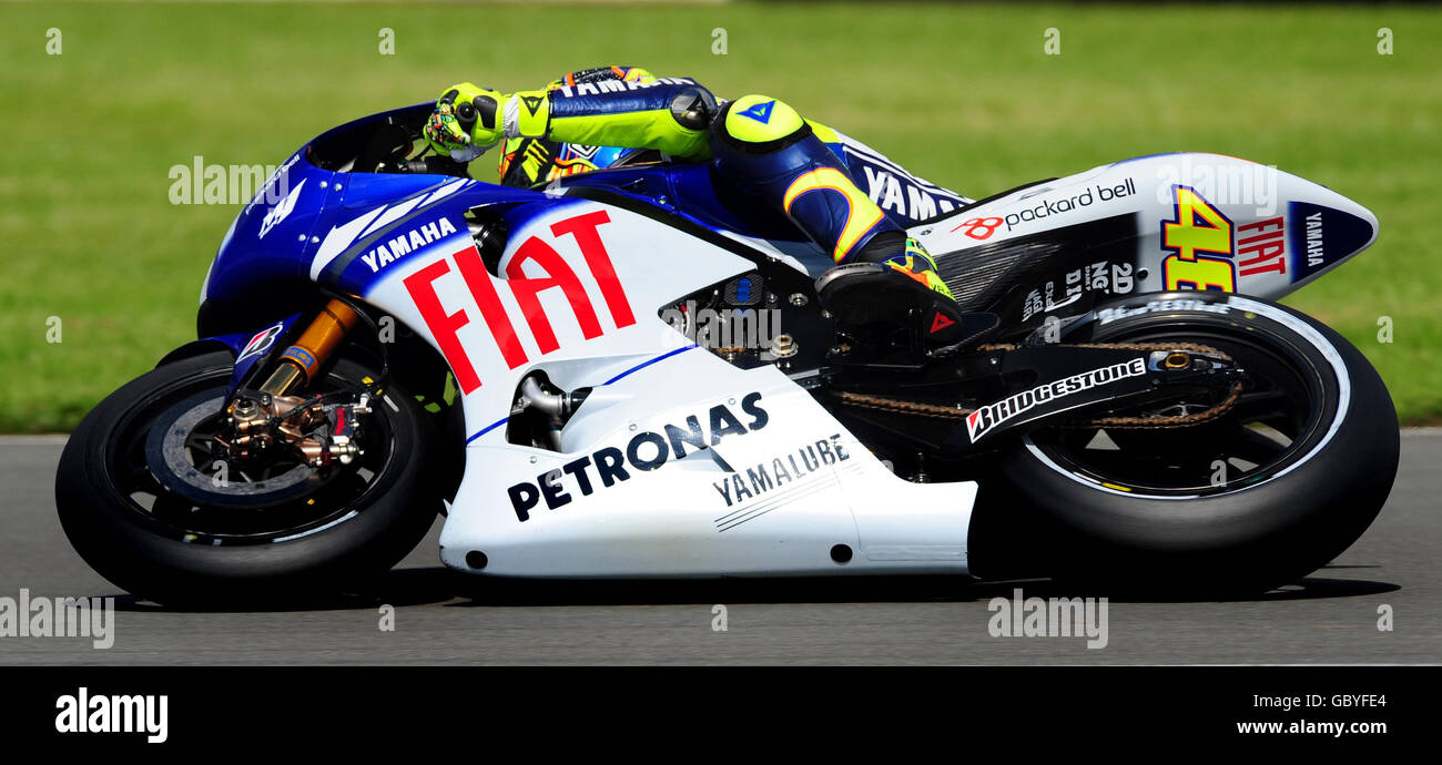 Yamaha's Valentino Rossi of Italy during Free Practice 2 during the British Grand Prix Qualifying day at Donington Park, Castle Donington. Stock Photo