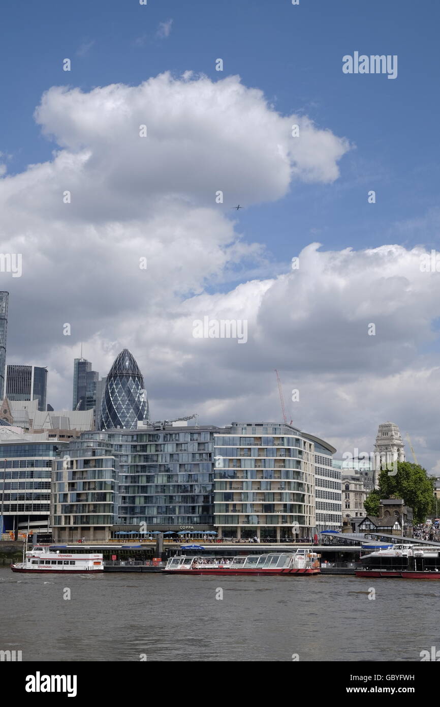 'The Gerkin' and the City of London central CBD skyline from the South Bank of the Thames River Stock Photo