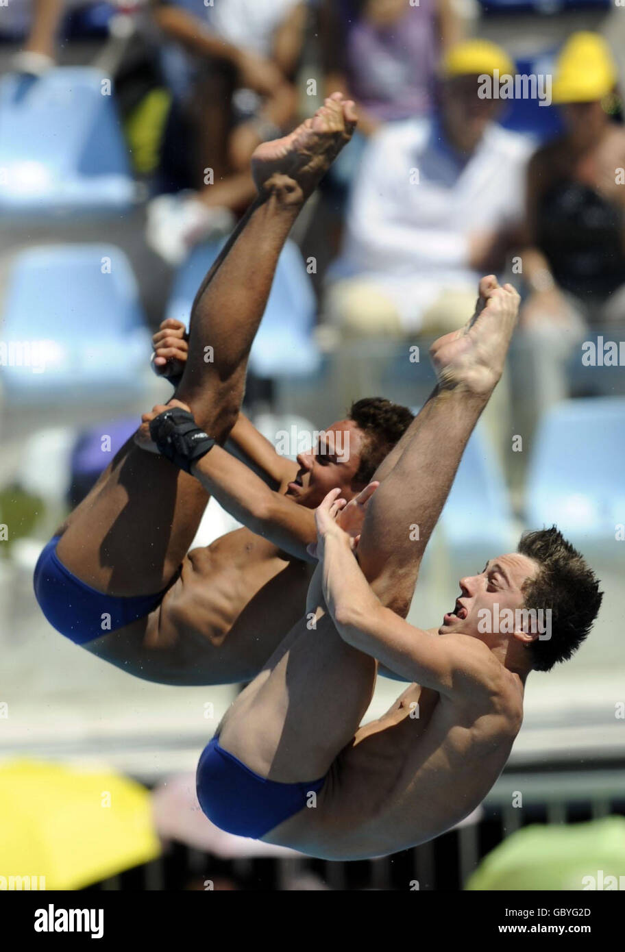 British divers Tom Daley (left) and Max Brick during the Men's 10m Synchronised Platform final during the FINA World Swimming Championships in Rome, Italy. Stock Photo