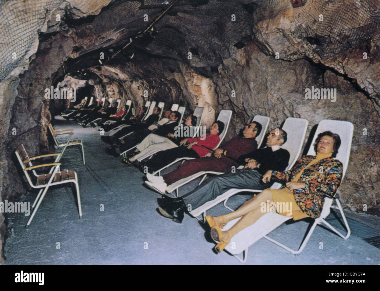 tourism, spa guests relaxing in deck chairs, radon tunnel, Bad Kreuznach, 1970s, Additional-Rights-Clearences-Not Available Stock Photo