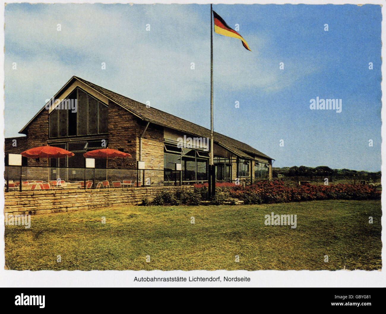 transport / transportation, car, motorway, roadhouse Lichtenau, exterior view, Dortmund / Unna, Germany, 1970s, 70s, 20th century, historic, historical, gastronomy, roadhouse, motorway restaurant, roadhouses, motorway restaurants, rest house, service area, rest houses, service areas, Additional-Rights-Clearences-Not Available Stock Photo
