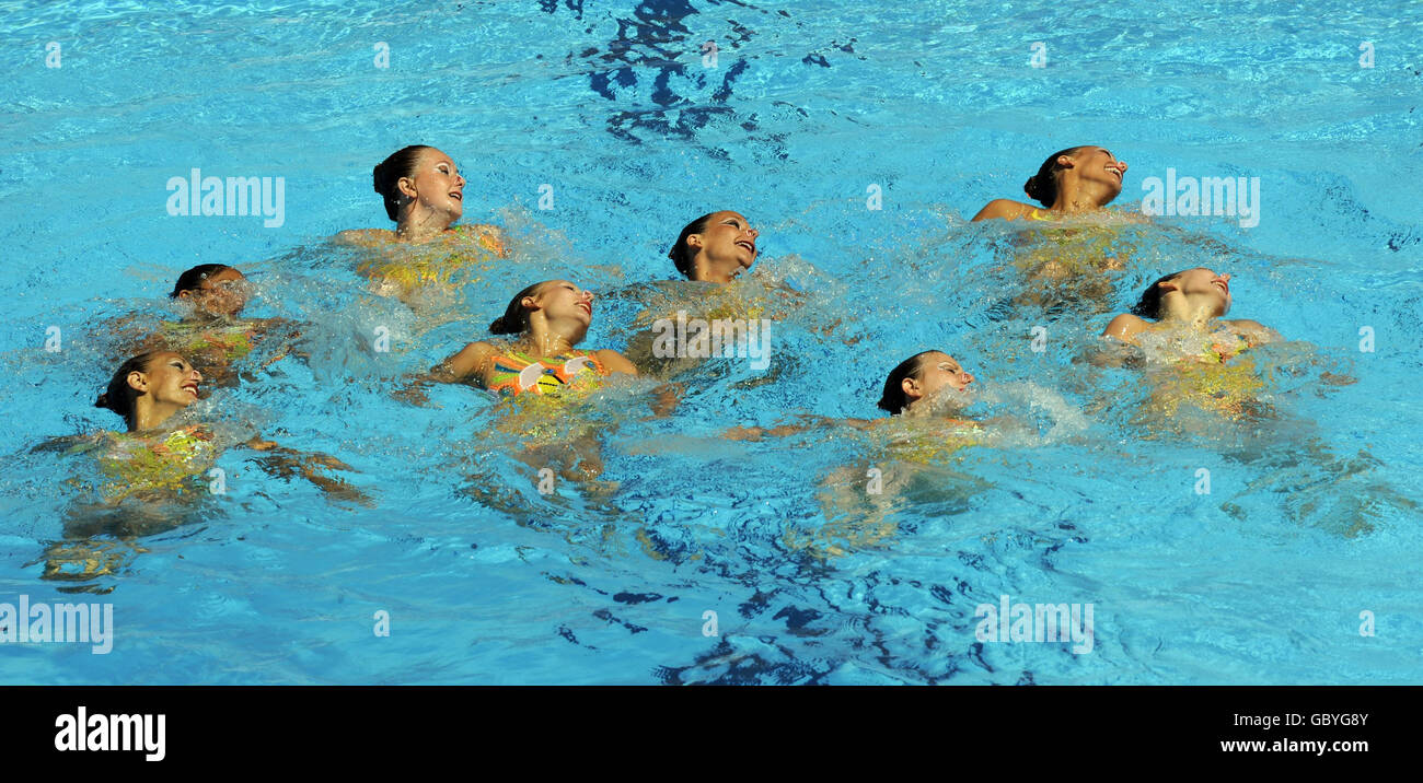 The British team in formation during the Team Free Synchronised Swimming Final during the FINA World Swimming Championships in Rome, Italy. Stock Photo
