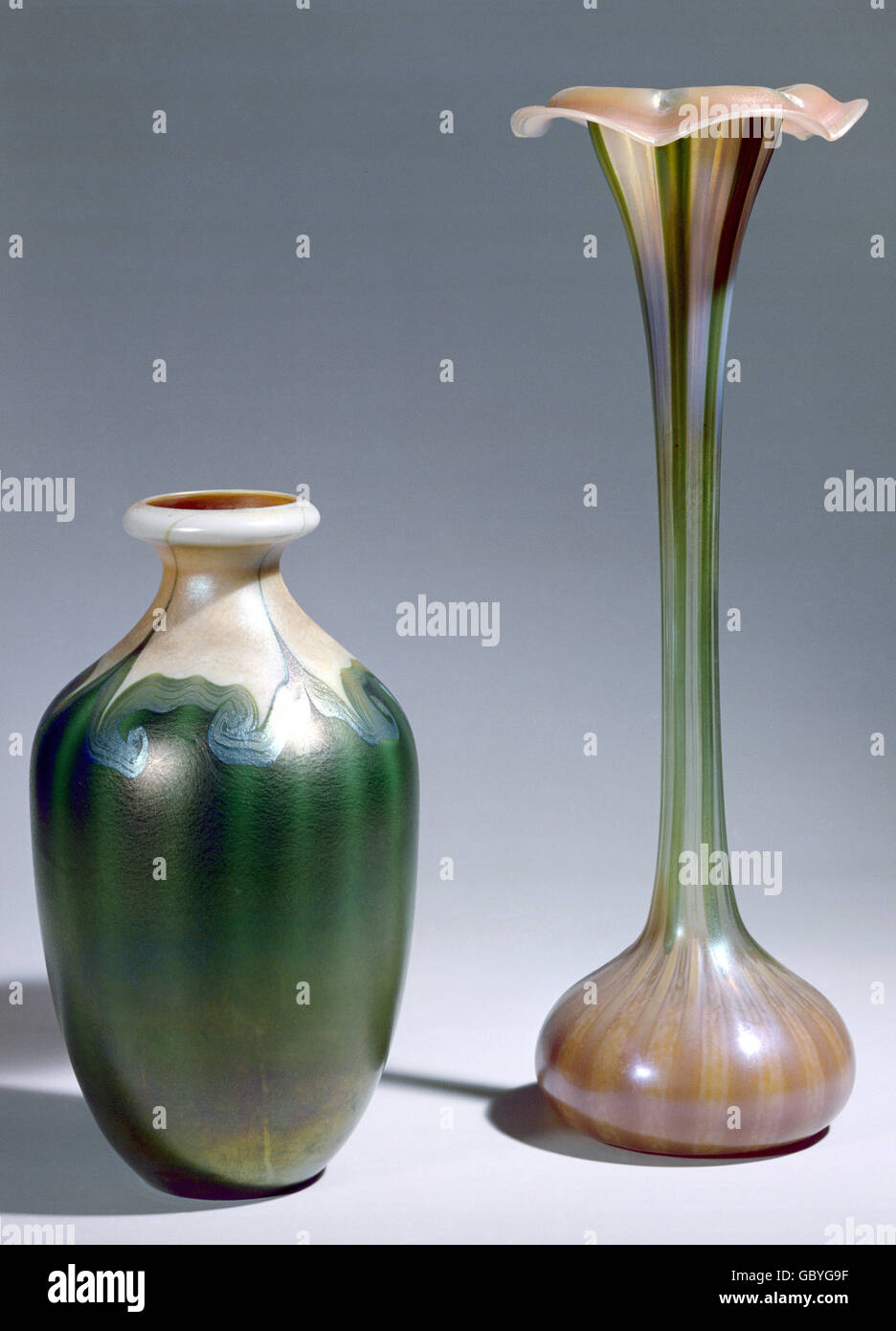 fine arts, Art Nouveau, vase, two vases made of Favrile glass, by Tiffany, New York, 1900, Museum of Fine Arts and Commerce, Hamburg, Stock Photo