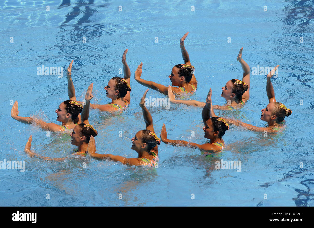 The British team in formation during the Team Free Synchronised Swimming Final during the FINA World Swimming Championships in Rome, Italy. Stock Photo