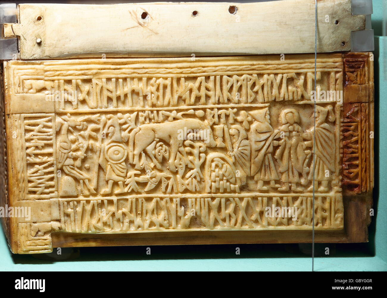 fine arts, Middle Ages, Anglo-Saxons, Box of Auzon (Franks Casket), relief, carving, whale leg, right side, plat, Northumbria, early 8th century, British Museum London, Stock Photo