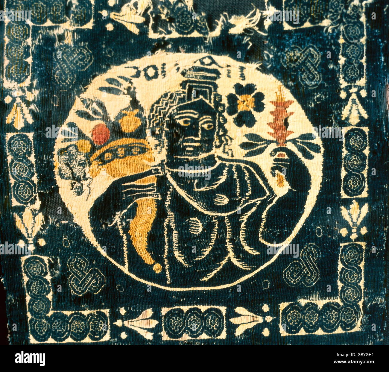 fine arts, Middle Ages, Byzantine Empire, goddess flora, textiles fragment, 4th / 5th century, Victoria & Albert Museum London, Stock Photo
