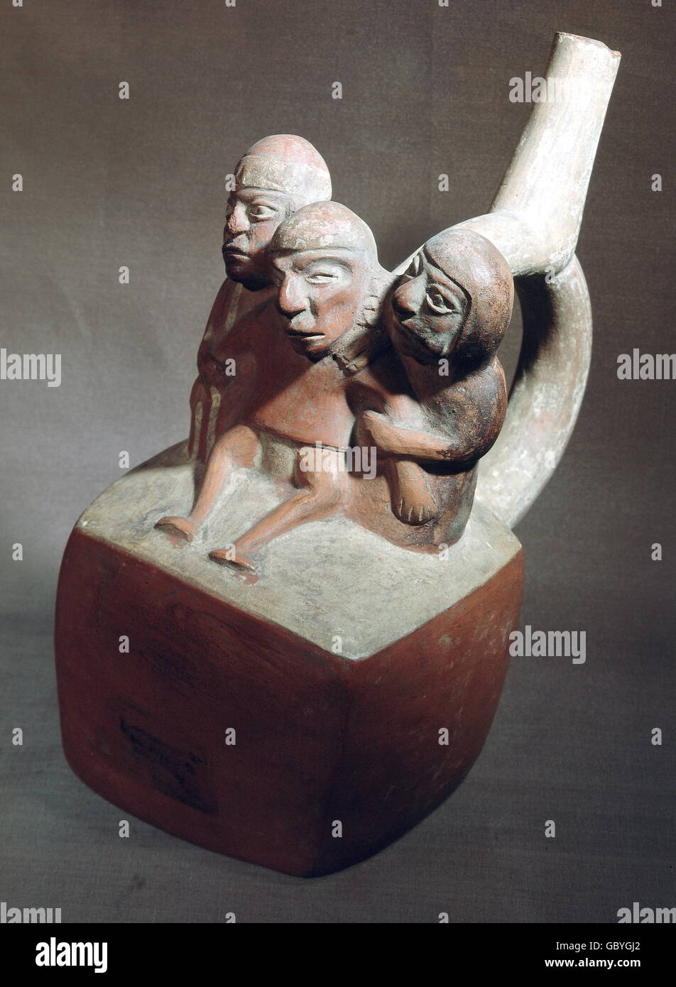 fine arts, South America, Peru, Mochica culture (Moche), handicrafts, handle can with depiction of the recovery of a drunkard, burial object, clay, 4th century AD, ethnological museum, Berlin, Stock Photo