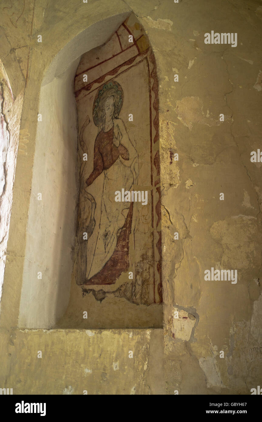 dh Norman church interior HAILES CHURCH GLOUCESTERSHIRE Cotswolds medieval wall paintings Stock Photo