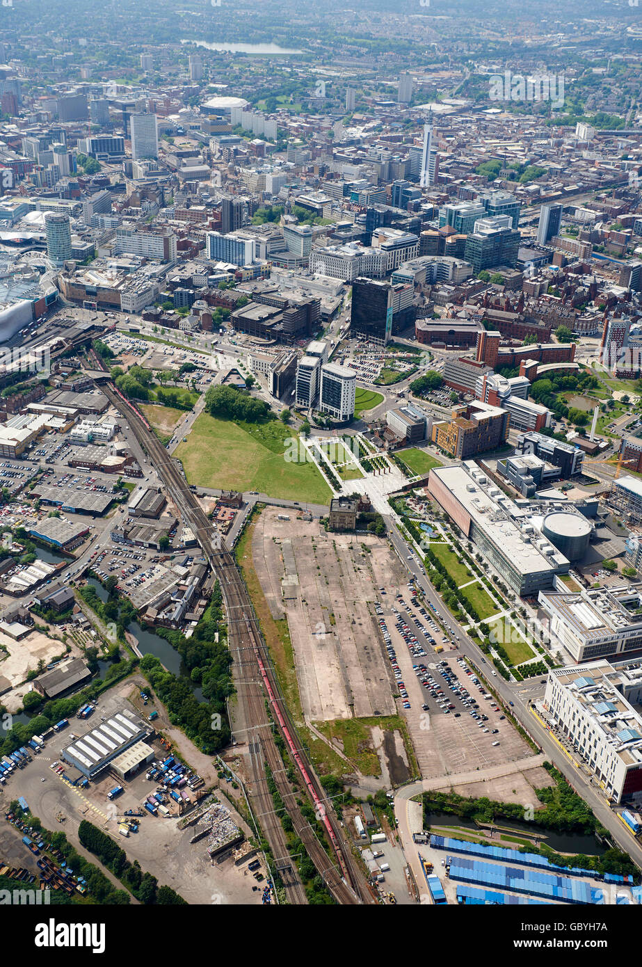 An aerial view of Birmingham City Centre, West Midlands, UK, with the proposed Curzon Street HS2 terminus site foreground Stock Photo
