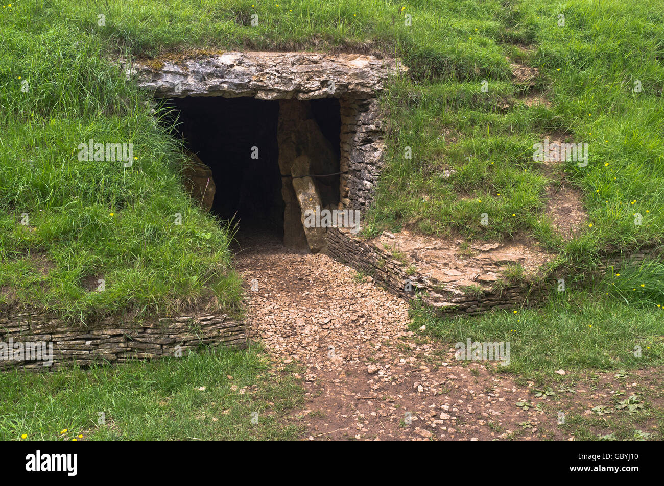 dh Cleeve Hill COTSWOLDS GLOUCESTERSHIRE Belas Knapp Stone Age long barrow neolithic burial chamber entrance knap tomb Stock Photo