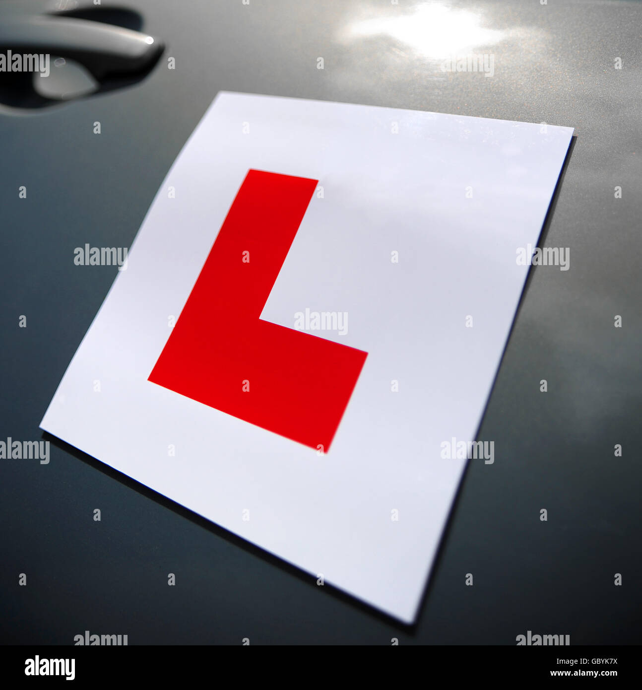 Learner Drivers. L plate on a car Stock Photo