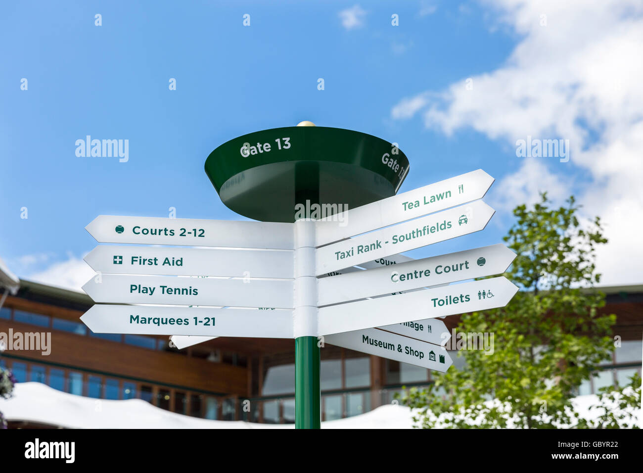 Wimbledon All England Lawn Tennis Club visitor orientation signs to courts and facilities Stock Photo