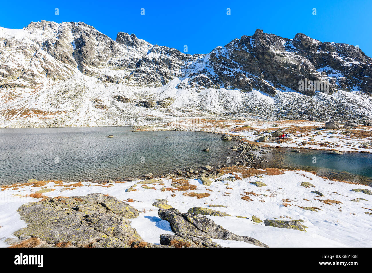 View of lake in Hincova valley covered with snow, Tatra Mountains, Slovakia Stock Photo