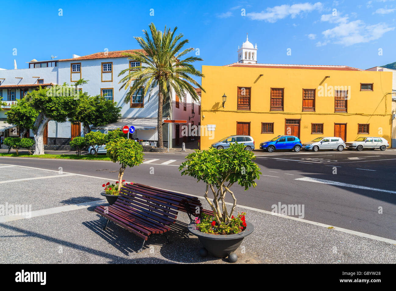 Street in Garachico town with historical buildings on coast of Tenerife, Canary Islands, Spain Stock Photo