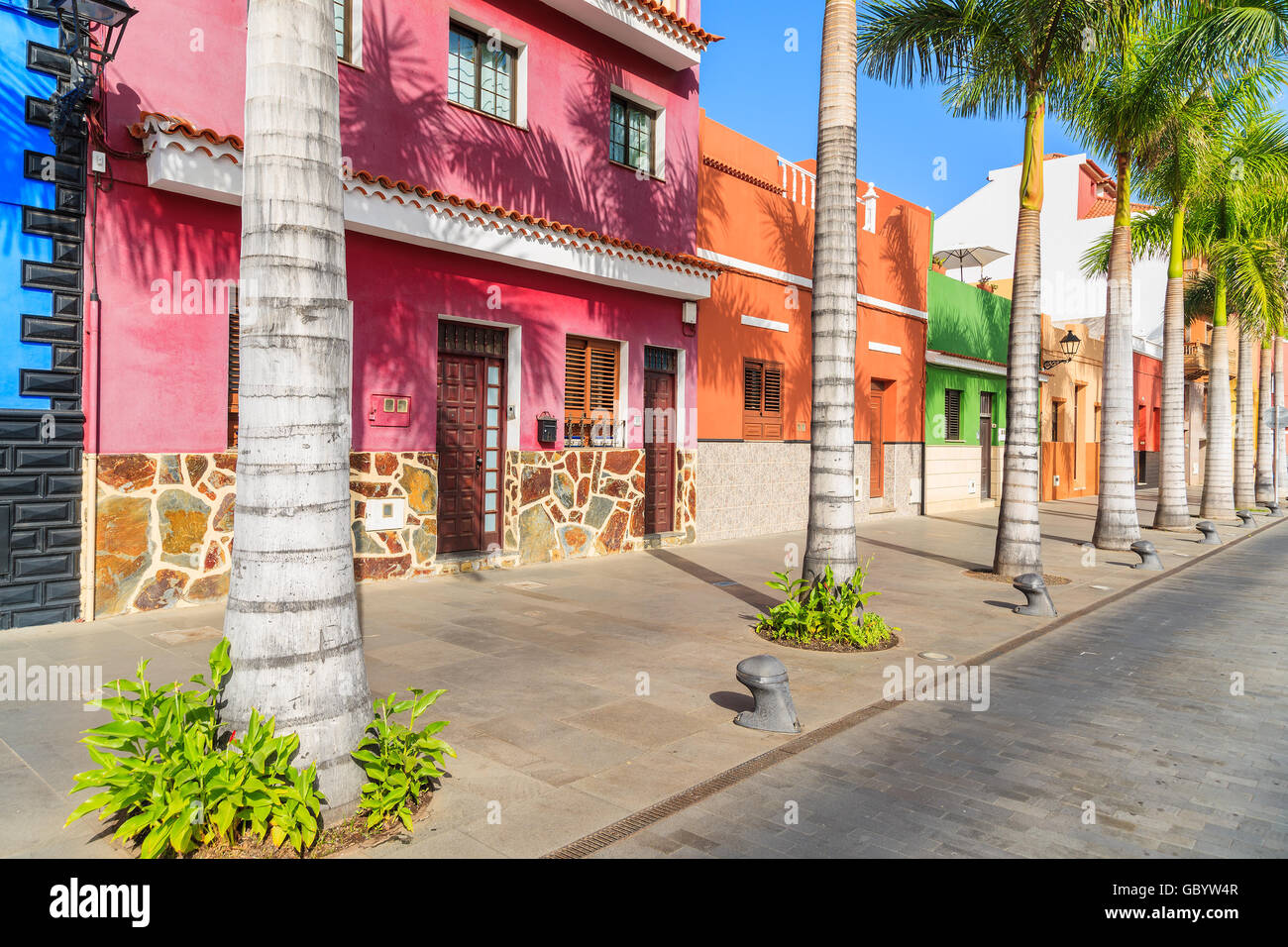 Colourful houses and palm trees on street in Puerto de la Cruz town, Tenerife, Canary Islands, Spain Stock Photo