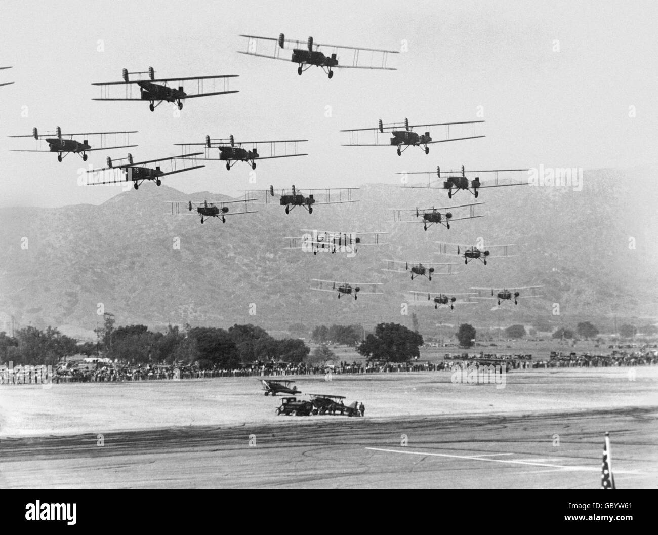 An impressive photograph of aircraft making the closing flight at the US Aerial Manoeuvres Display at Burbank, California. Stock Photo
