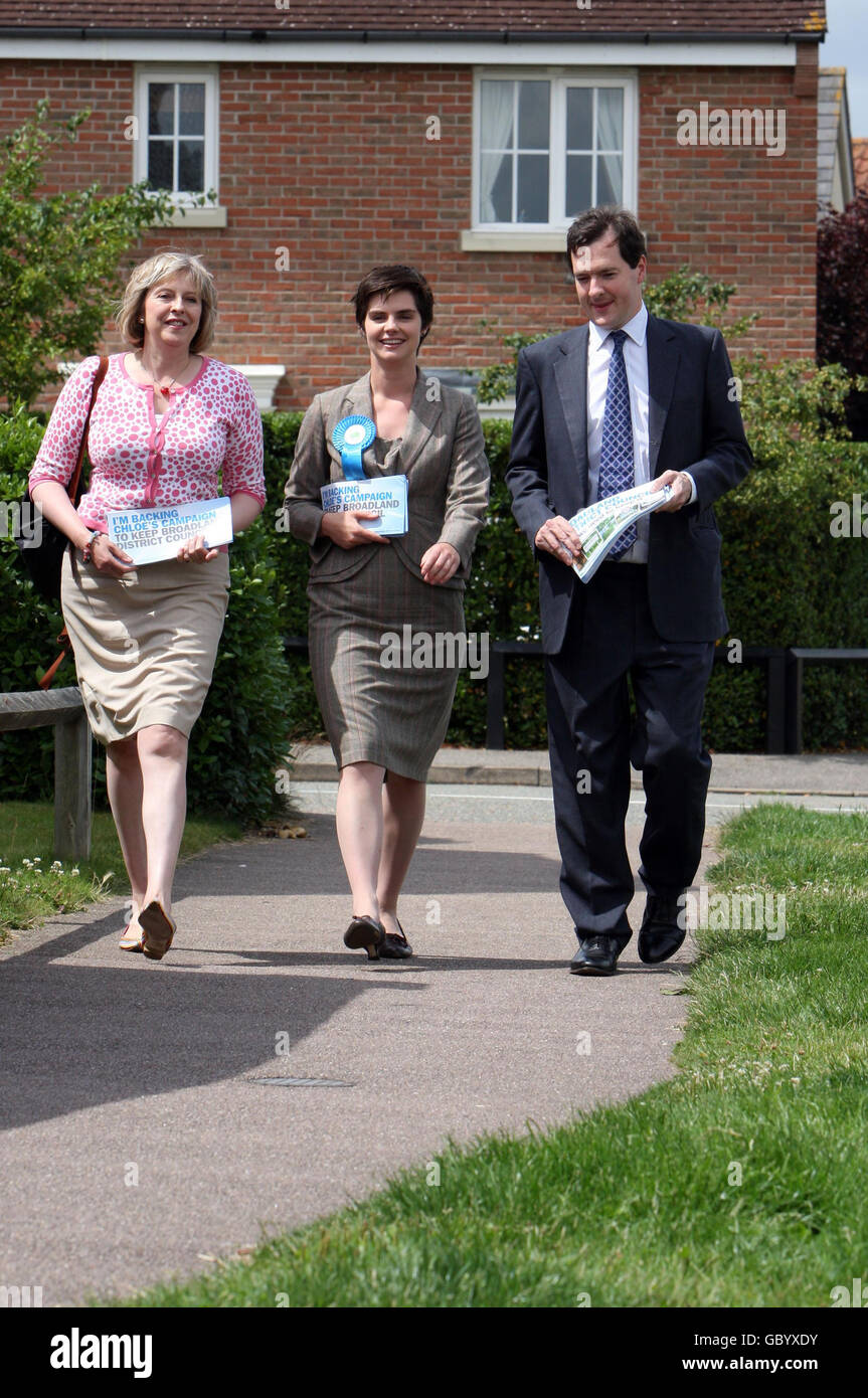 Conservative Party Parliamentary candidate Chloe Smith (centre) alongside shadow Pensions Secretary Theresa May and shadow Chancellor George Osborne, as they canvass on the streets of Taverham, Norwich, Norfolk, ahead of the North Norwich by-elections in the city. Stock Photo
